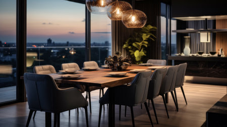 Modern interior design. Elegant table served in modern stylish dining roomの素材