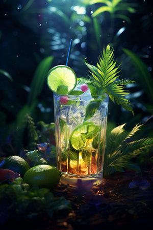 Fresh tropical cocktail with  fruits and berries and ice with tropical trees and plants on a dark mystical background.  Shot of drink in freeze motion, flying drops and berries. Summer cold drink and cocktail.の素材