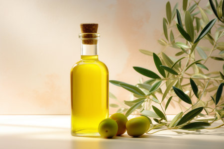 Bottle of olive oil and olive branch  on light backgroundの素材