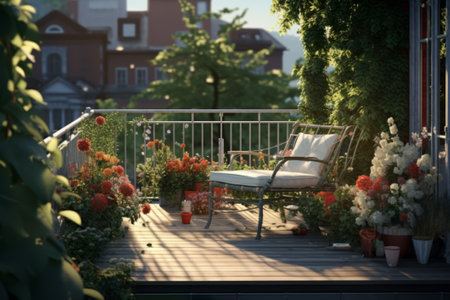 Cozy summer balcony with many potted plants, perfect place for relaxation, urban garden conceptの素材