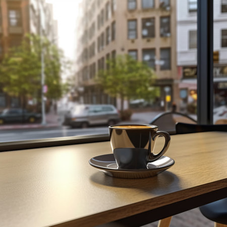 cup of coffee on table in cafe, vintage styleの素材