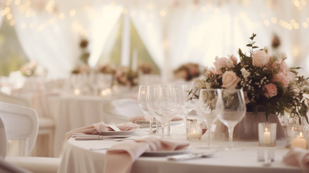 Beautiful outdoor table setting with flowers for a dinner, wedding reception or other festive eventの素材