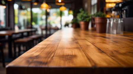 The dark wood table in the cafe with a blurred backgroundの素材