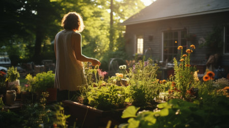 Woman enjoying flowers in her garden at sunrise, wonderful garden on a sunny dayの素材