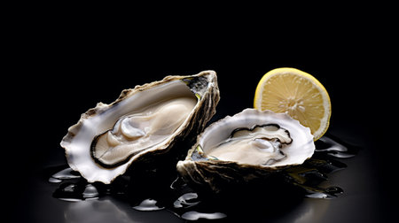 Close up of opened fresh oysters with lemon and ice. Generative AIの素材