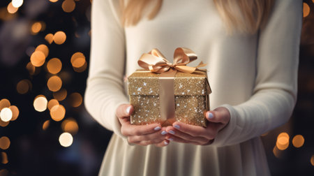 Stylish christmas gift in woman hands against christmas tree with lights close upの素材