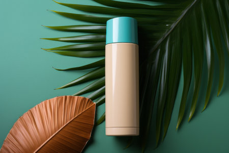 Blank plastic cosmetics container for cream or shampoo. Cosmetics bottle mockup with tropical leaves. Beauty product design, skincare and haircare concept.の素材