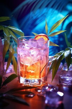 Fresh tropical cocktail with oranges and ice with tropical trees and plants on a dark mystical background. Shot of drink in freeze motion, flying drops and berries. Summer cold drink and cocktail.の素材