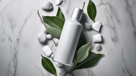 Blank plastic cosmetics container for cream or shampoo. Cosmetics bottle mockup with tropical leaves. Beauty product design, skincare and haircare concept.の素材