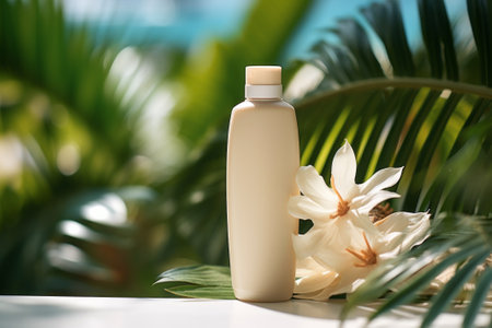 Blank plastic cosmetics container for cream or shampoo. Cosmetics bottle mockup with tropical leaves and flowers. Beauty product design, skincare and haircare concept.の素材
