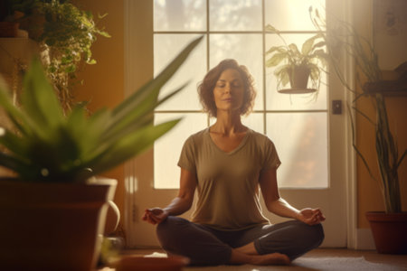 Woman practicing yoga at home sitting in lotus pose on yoga mat meditating smiling relaxed with closed eyes, Mindfulness meditation concepの素材