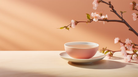 A cup of tea and flowers on pink background. For drinking advertisingの素材