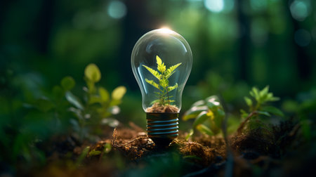 Saving energy and environment. Tree growth in light bulb for saving Ecology energy nature. Eco and Technology concept bannerの素材
