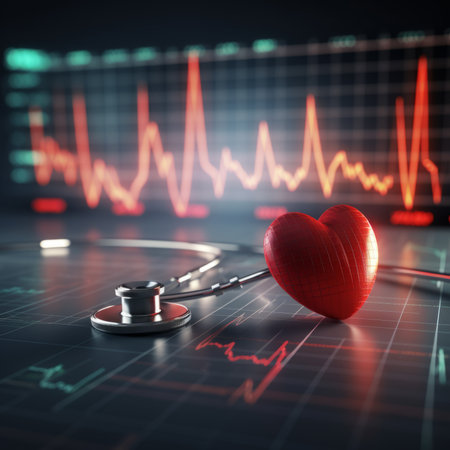 Stethoscope and red heart on table. Cardiology concept. World heart health day ideaの素材