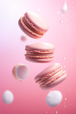 Sweet macaroons macarons with crumbs falling flying isolated on pink background. French cookies. Pastry shop cardの素材