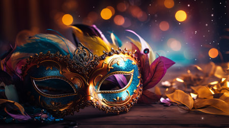 Venetian Mask Party with Shiny Streamers on Abstract Bokeh Lights Bannerの素材