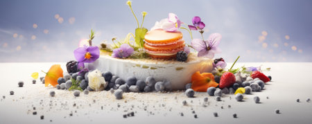 Fine dessert decorated with eatable flowers and served on a plate close upの素材