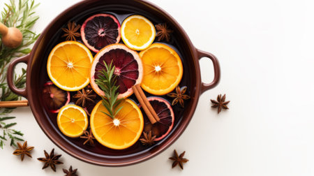 Top view of hot wine with aromatic spices on a white background. Christmas mulled wine. New Year's warming drink.の素材