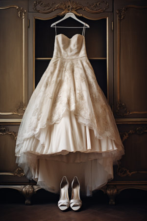 wedding dress hanging in the wardrobe ready for the eventの素材