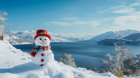 Merry christmas and happy new year greeting card with panoramic view of happy snowman in winter secenery, copy spaceの素材