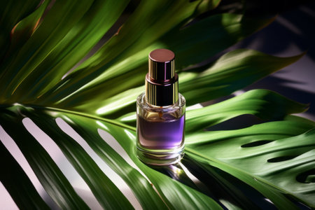 Glass perfume bottle mockup on natural botanical background with plants,, beauty product container commercial branding ready templateの素材