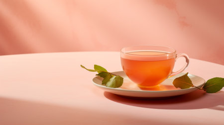 A cup of tea and flowers on pink background. For drinking advertisingの素材