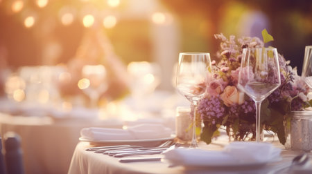 Beautiful outdoor table setting with flowers for a dinner, wedding reception or other festive eventの素材