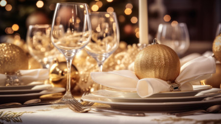 Beautiful served table with Christmas decorations and candles. Holiday settingの素材