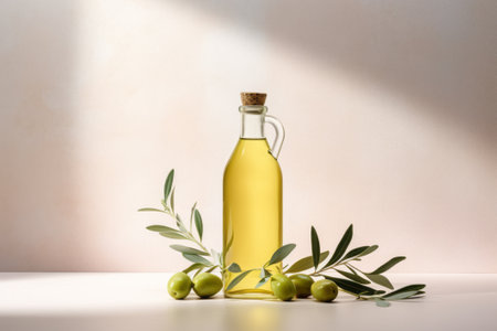 Bottle of olive oil and olive branch  on light backgroundの素材