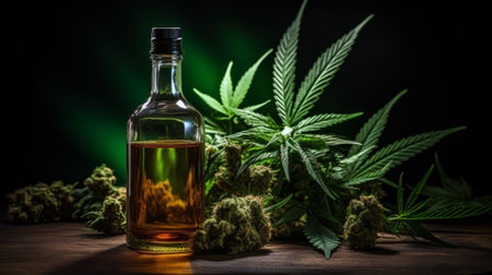 Cannabis oil against Marijuana plant, CBD hemp oil pipette. Cannabis recipe, alternative remedy or medication, Medical marijuana, medicine conceptの素材