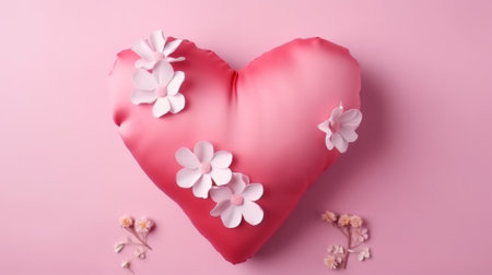 Pink heart shaped pillow resting on smooth pink surface. This picture can be used for various themes such as love, comfort, relaxation, and home decor.の素材