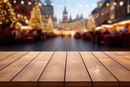 Empty wooden table and bokeh light background. For product display. Blurred christmas market backgroundの素材