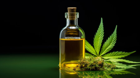 Cannabis oil against Marijuana plant, CBD hemp oil pipette. Cannabis recipe, alternative remedy or medication, Medical marijuana, medicine conceptの素材