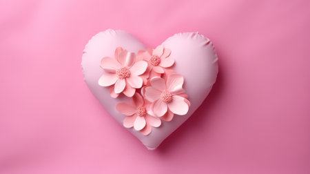 Pink heart shaped pillow resting on smooth pink surface. This picture can be used for various themes such as love, comfort, relaxation, and home decor.の素材