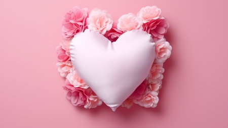 Pink heart shaped pillow resting on smooth pink surface. This picture can be used for various themes such as love, comfort, relaxation, and home decor.の素材
