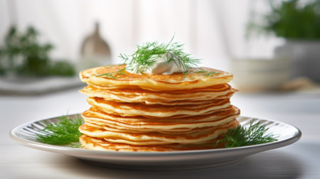 Pancakes with sour cream and dill, traditional Russian pancakes - bliniの素材