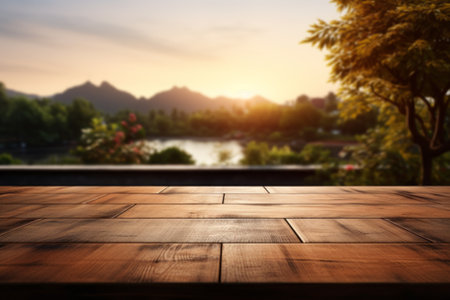 Wooden table in front of blurred landscape background. Product displayの素材