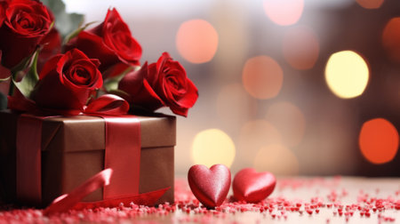 Beautiful red roses and gift box on the table, space for textの素材