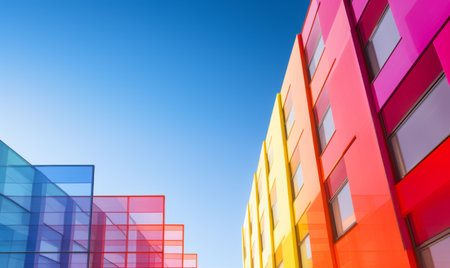 Colored buildings. Abstract modern architecture, minimalistic style, blue sky backgroundの素材