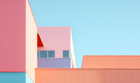 Colored buildings. Abstract modern architecture, minimalistic style, blue sky backgroundの素材