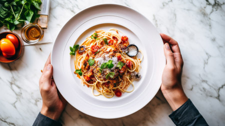 white plate of Italian spaghetti on a kitchen tableの素材