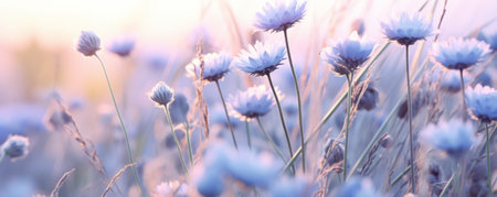 Art Wild flowers in a meadow at sunset. Macro image, shallow depth of field. Abstract august summer nature backgroundの素材