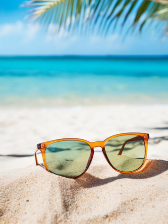 Closeup of black protective sunglasses on sandy beach at tropical seaside on warm sunny day. Summer vacation concept.の素材