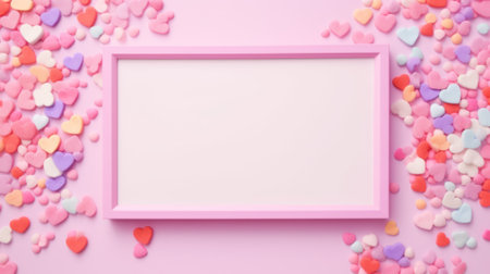 Valentine's Day composition. Photo frame and hearts on pastel pink background. Wedding. Birthday. Happy woman's day. Mothers Day. Flat lay, top view, copy spaceの素材