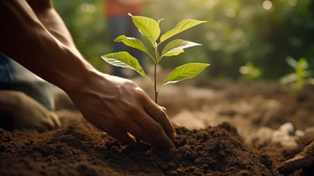 Man person  planting trees or working with blured people community group in garden promoting local food production and habitat restorationの素材