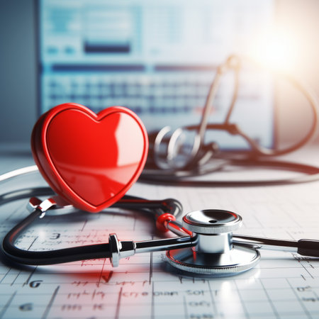 Stethoscope and red heart on table. Cardiology concept. World heart health day ideaの素材