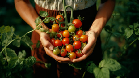 Organic vegetables. Healthy food. Fresh organic tomato and tomatoes cherry in farmers handsの素材