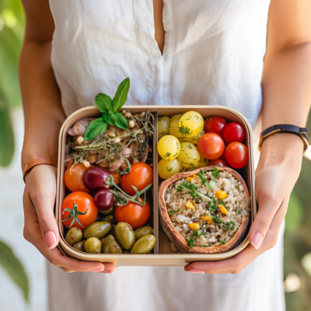 A lifestyle shot of a woman holding container filled with nutritious and portioned meal, Healthy food to go or delivery conceptの素材