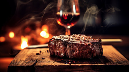 beef steak on wooden board close up. Generated with AIの素材