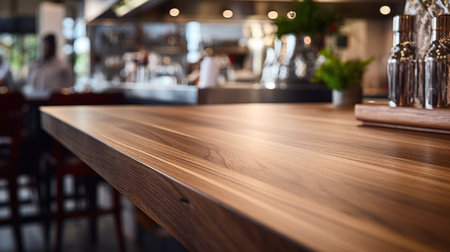 The dark wood table in the cafe with a blurred backgroundの素材